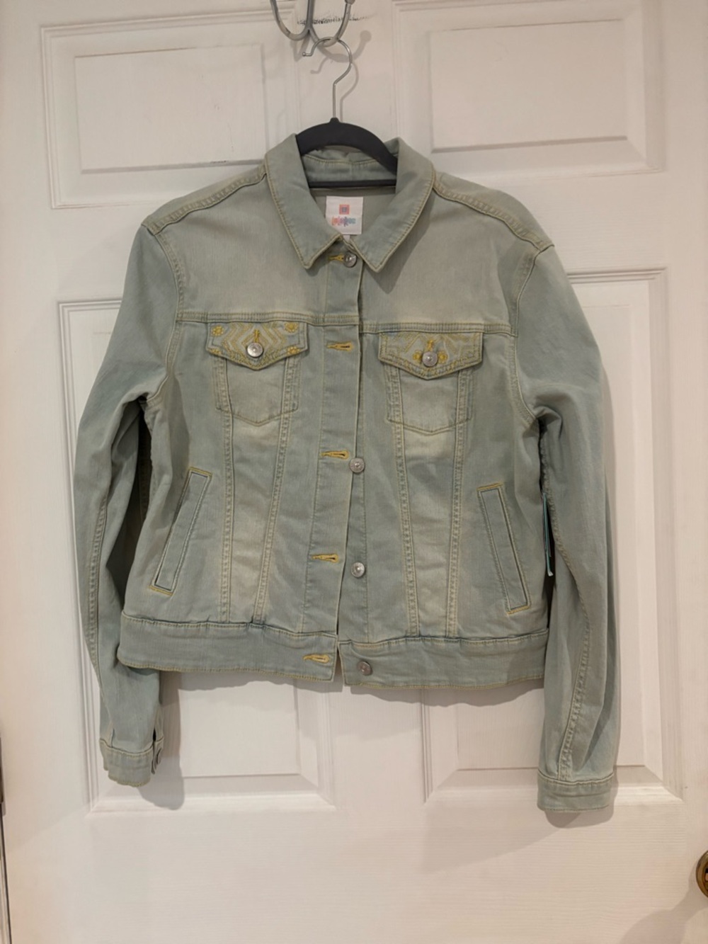LuLaRoe NWT Classic Women's Denim Jacket with yellow embroidered detailing